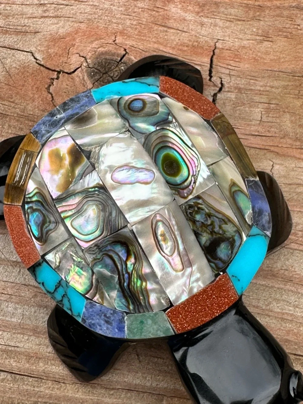 Carved Obsidian Turtle with Multicolor Inlay and Abalone Shell - Picture 2 of 5